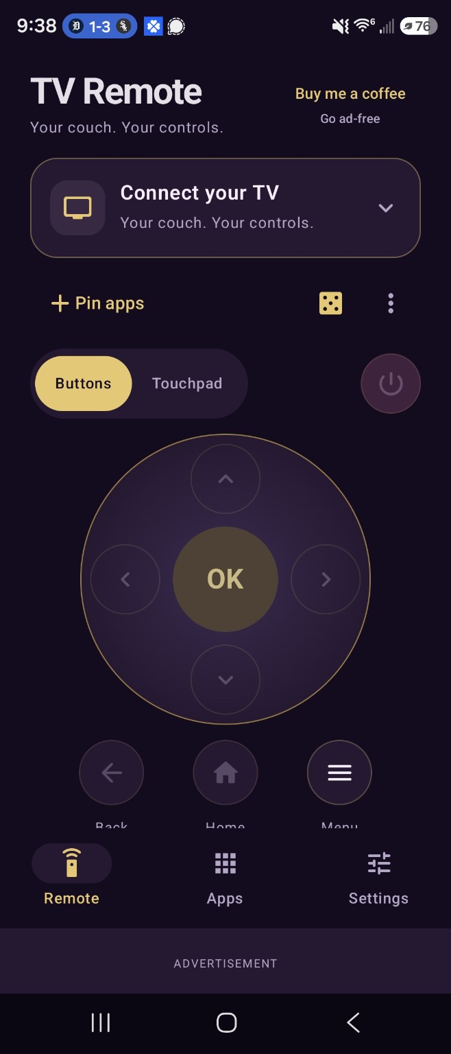 TV Remote app with TV connection, pinned apps, buttons and touchpad modes, and directional controls